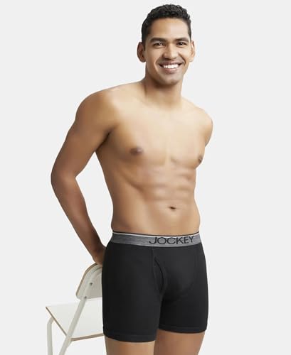 Jockey Men's Super Combed Cotton rib fabric Boxer Briefs with Front Fly, Ultrasoft and Durable waistband (Pack of 2) 8009_Black_L