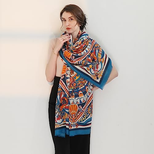 Xinmurffy Merino Wool Scarf (Floral, Blue, Large)