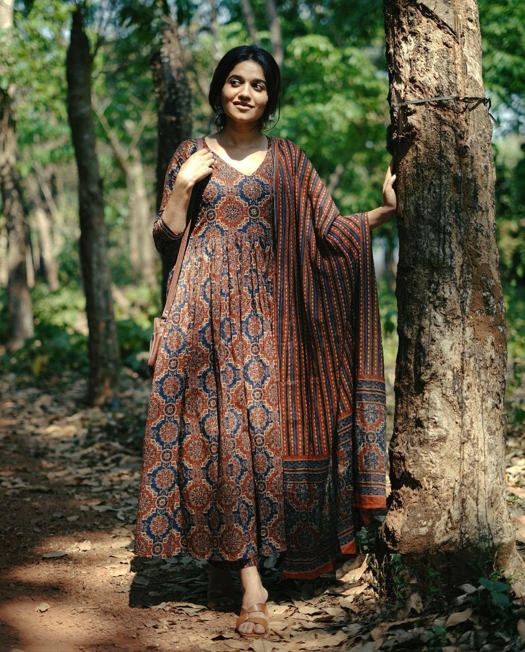 KLOSIA Women Printed Flared A-Line Kurta with Pant and Dupatta Suit Set | Kurta Set | (X-Large) Brown