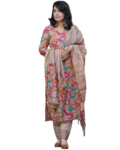 ANNI DESIGNER Women's Cotton Blend Straight Printed Kurta with Pant & Dupatta (Candy Beige_XL_Beige_X-Large)