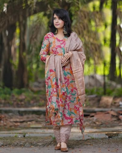 ANNI DESIGNER Women's Cotton Blend Straight Printed Kurta with Pant & Dupatta (Candy Beige_XL_Beige_X-Large)