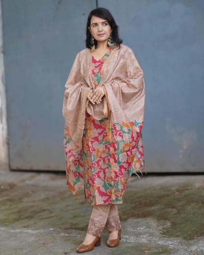 ANNI DESIGNER Women's Cotton Blend Straight Printed Kurta with Pant & Dupatta (Candy Beige_XL_Beige_X-Large)