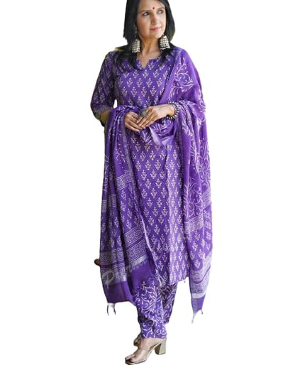 MEERA FAB Women's Cotton Printed Straight Kurta with Palazzo & Dupatta Set Purple