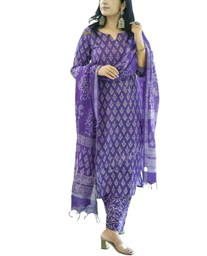 MEERA FAB Women's Cotton Printed Straight Kurta with Palazzo & Dupatta Set Purple