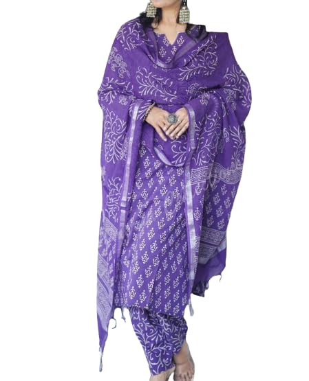 MEERA FAB Women's Cotton Printed Straight Kurta with Palazzo & Dupatta Set Purple