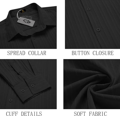 CB-COLEBROOK Men's Casual Regular Fit Button Down Shirts Long Sleeve Linen Shirt Fashion Textured Beach Summer Shirt (Large, Black)