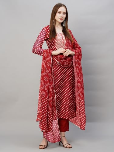 ANNI DESIGNER Women's Cotton Blend Straight Printed Kurta with Pant & Dupatta (DOREMI-RED-BHN_XL_Red_X-Large)