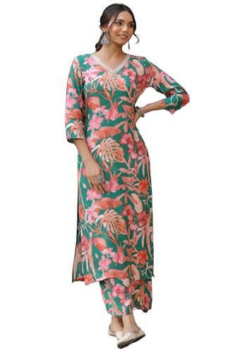 ANNI DESIGNER Women's Cotton Blend Straight Printed Kurta with Palazzo (Chinki Green_XL_Green_X-Large)