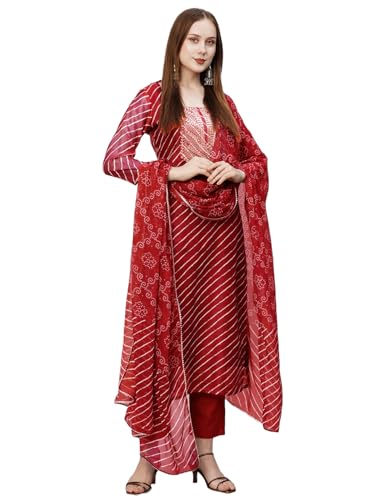 ANNI DESIGNER Women's Cotton Blend Straight Printed Kurta with Pant & Dupatta (DOREMI-RED-BHN_XL_Red_X-Large)