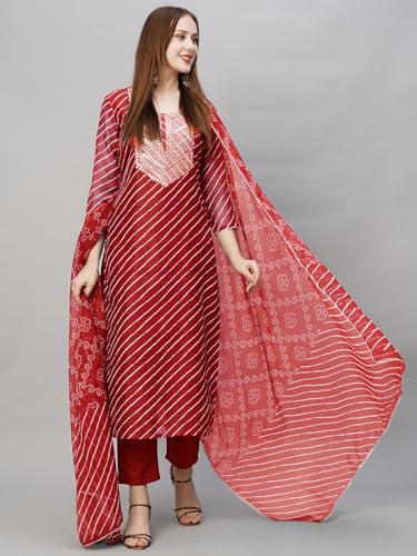 ANNI DESIGNER Women's Cotton Blend Straight Printed Kurta with Pant & Dupatta (DOREMI-RED-BHN_XL_Red_X-Large)