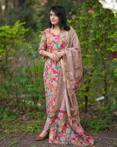 ANNI DESIGNER Women's Cotton Blend Straight Printed Kurta with Pant & Dupatta (Candy Beige_XL_Beige_X-Large)