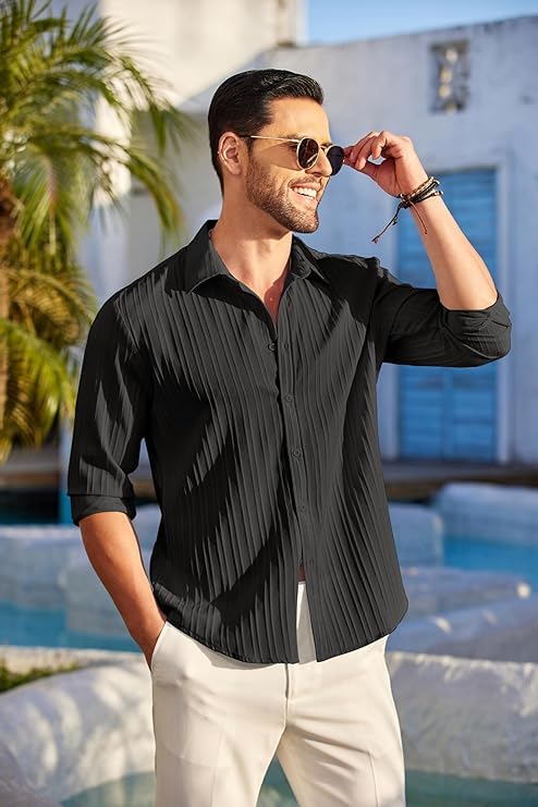 CB-COLEBROOK Men's Casual Regular Fit Button Down Shirts Long Sleeve Linen Shirt Fashion Textured Beach Summer Shirt (Large, Black)