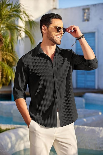 CB-COLEBROOK Men's Casual Regular Fit Button Down Shirts Long Sleeve Linen Shirt Fashion Textured Beach Summer Shirt (Large, Black)