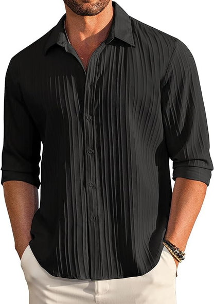 CB-COLEBROOK Men's Casual Regular Fit Button Down Shirts Long Sleeve Linen Shirt Fashion Textured Beach Summer Shirt (Large, Black)