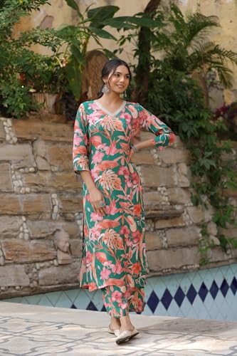 ANNI DESIGNER Women's Cotton Blend Straight Printed Kurta with Palazzo (Chinki Green_XL_Green_X-Large)