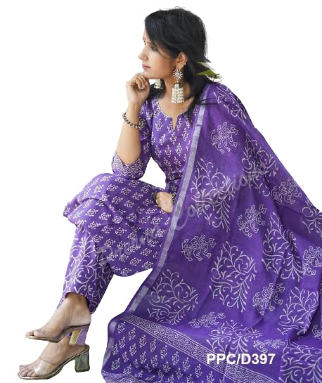 MEERA FAB Women's Cotton Printed Straight Kurta with Palazzo & Dupatta Set Purple