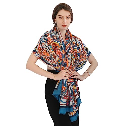 Xinmurffy Merino Wool Scarf (Floral, Blue, Large)