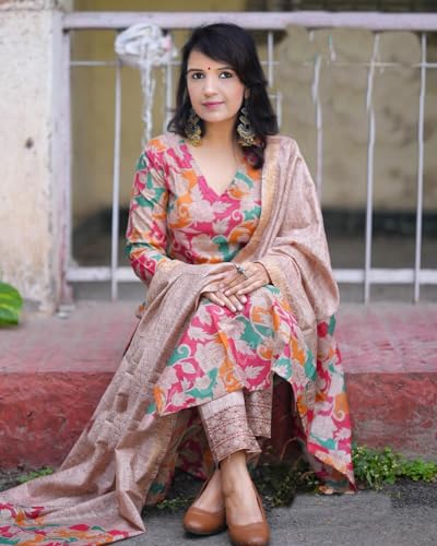 ANNI DESIGNER Women's Cotton Blend Straight Printed Kurta with Pant & Dupatta (Candy Beige_XL_Beige_X-Large)