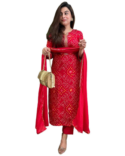 GoSriKi Women's Rayon Blend Bandhani Printed Straight Kurta with Pant & Dupatta (TURAE-RED-GS_XL_Red_X-Large)