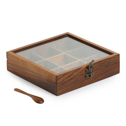 ExclusiveLane Sheesham Wood Spice Box with Spoon (50ml, Non-Removable Partitions)