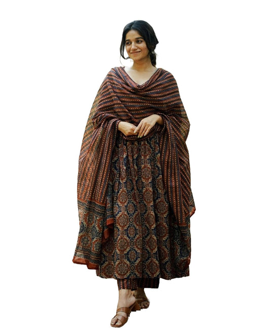 KLOSIA Women Printed Flared A-Line Kurta with Pant and Dupatta Suit Set | Kurta Set | (X-Large) Brown