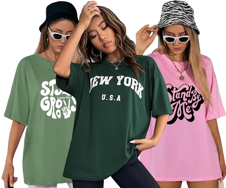 London Hills Cotton blend Half Sleeve Women Oversized T-Shirts Multicolor Pack of 3 Light Green, Dark Green, Pink