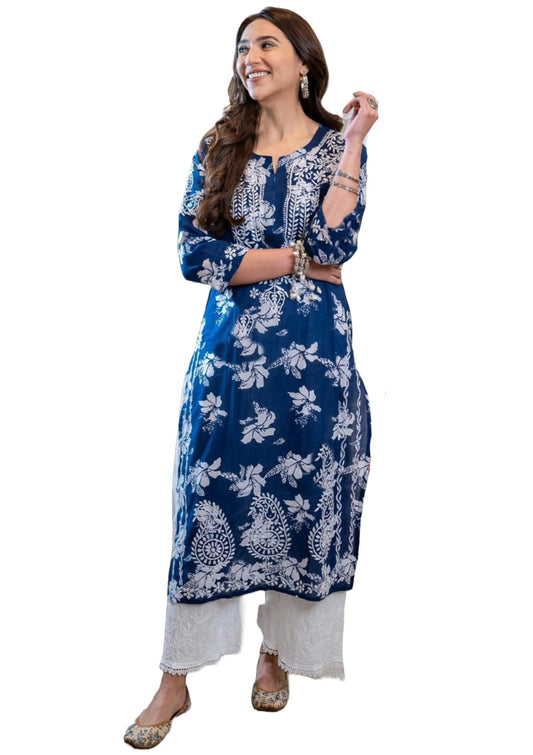 GoSriKi Women's Rayon Blend Chikankari Embroidered Straight Kurta (SCEROS-Cerosin-GS_XL_Blue_X-Large)