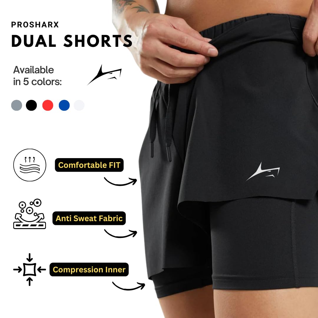 PROSHARX 2 in 1 Active Dual Shorts with Inner Tights Layer | Men's Double Layer Short for Running, Gym & Sports (L, Black)