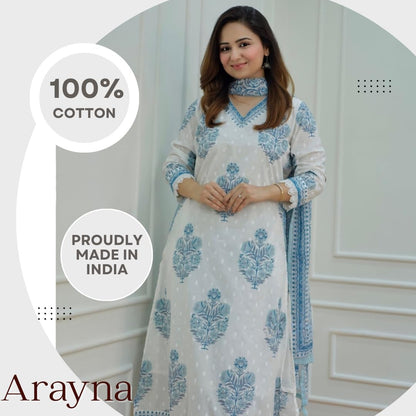 Arayna Women's Cotton Printed Floral Straight Kurta with Palazzo Pants and Printed Dupatta Set, Light Blue, Large