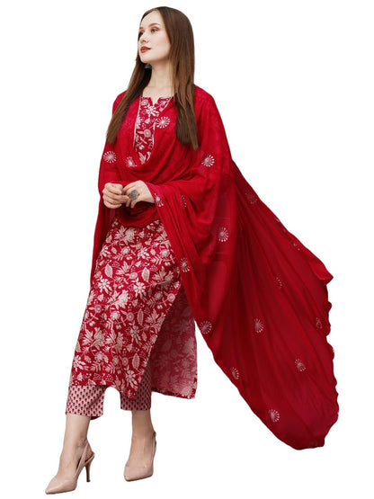 GoSriKi Women's Cotton Blend Straight Printed Kurta with Pant & Dupatta (MEI Red-GS_L_Red_Large)