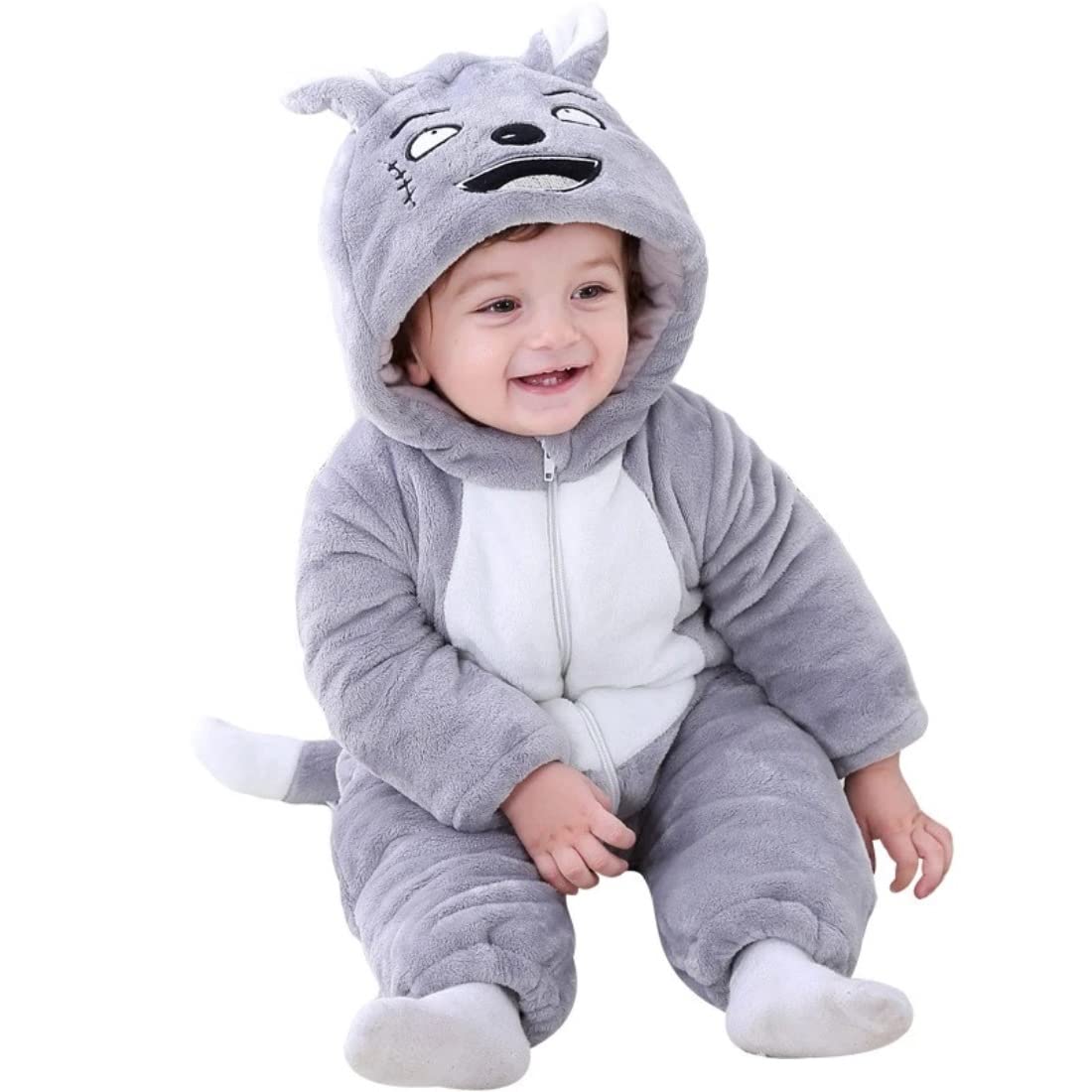 BRANDONN Unisex Baby Flannel Jumpsuit Panda Style Cosplay Clothes Bunting Outfits Snowsuit Hooded Romper Outwear (Grey Scars, 12-18 Months)