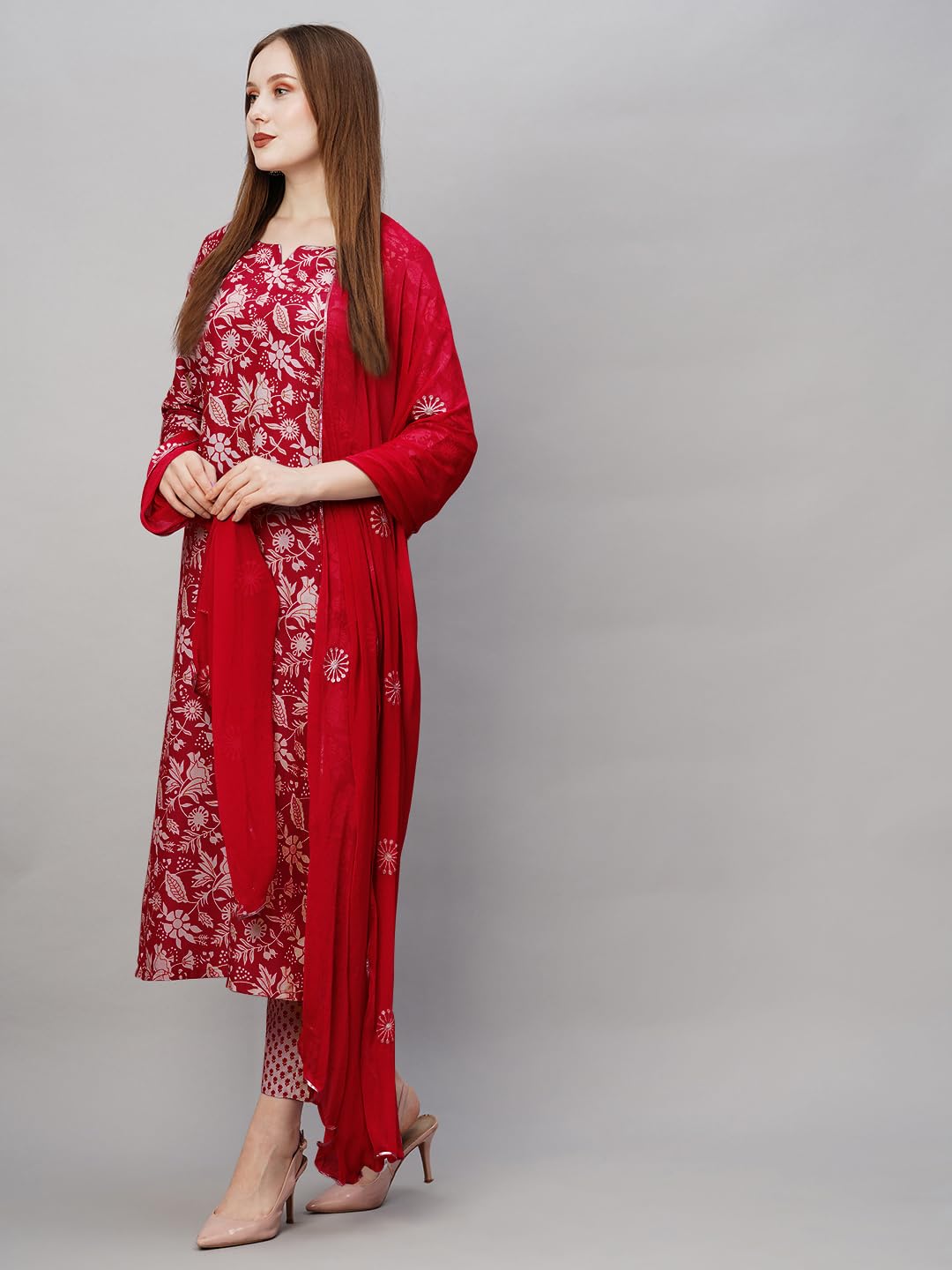 GoSriKi Women's Cotton Blend Straight Printed Kurta with Pant & Dupatta (MEI Red-GS_L_Red_Large)