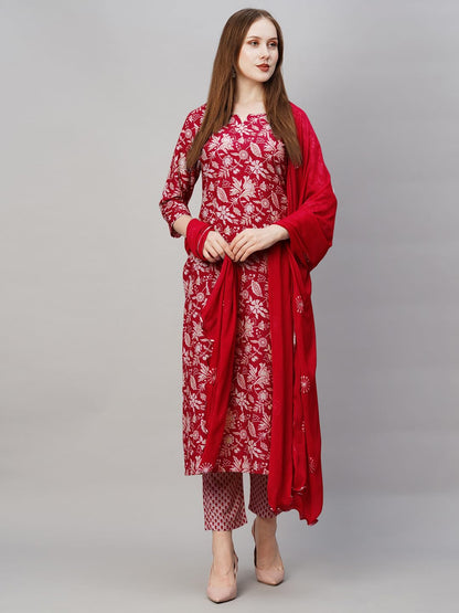 GoSriKi Women's Cotton Blend Straight Printed Kurta with Pant & Dupatta (MEI Red-GS_L_Red_Large)