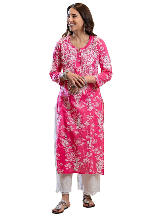 GoSriKi Women's Cotton Blend Chikankari Embroidered Straight Kurta (Zainab Pink-NW-GS_XXL_Pink_XX-Large)