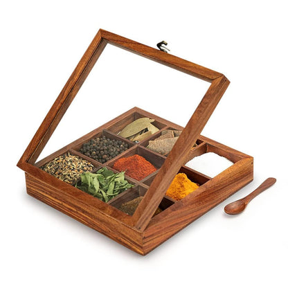 ExclusiveLane Sheesham Wood Spice Box with Spoon (50ml, Non-Removable Partitions)