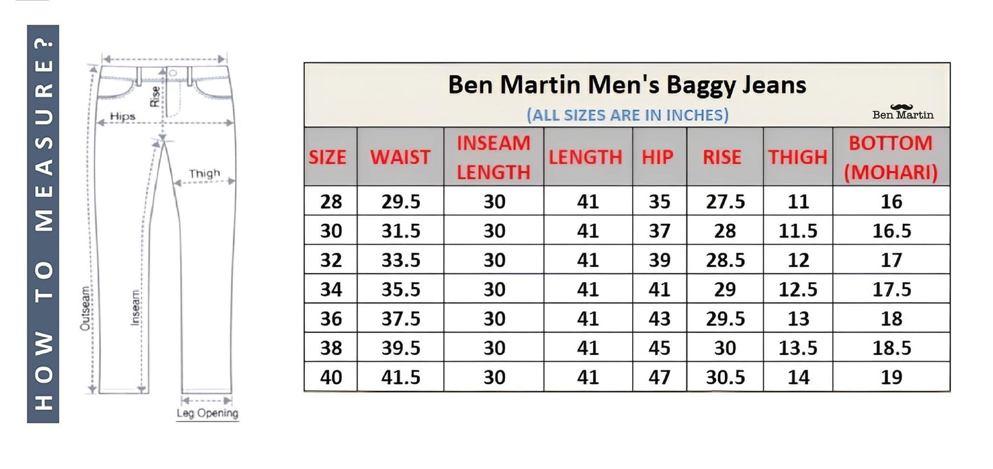 Ben Martin Men's Light Blue Denim Cotton Oversized Loose Baggy Fit Jeans Pants for Men, 32