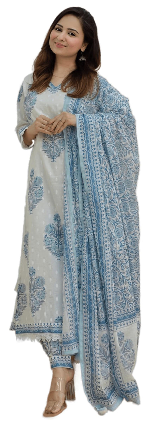 Arayna Women's Cotton Printed Floral Straight Kurta with Palazzo Pants and Printed Dupatta Set, Light Blue, Large