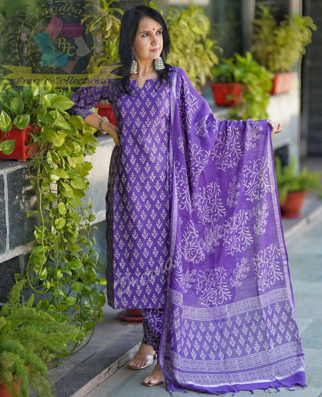 MEERA FAB Women's Cotton Printed Straight Kurta with Palazzo & Dupatta Set Purple