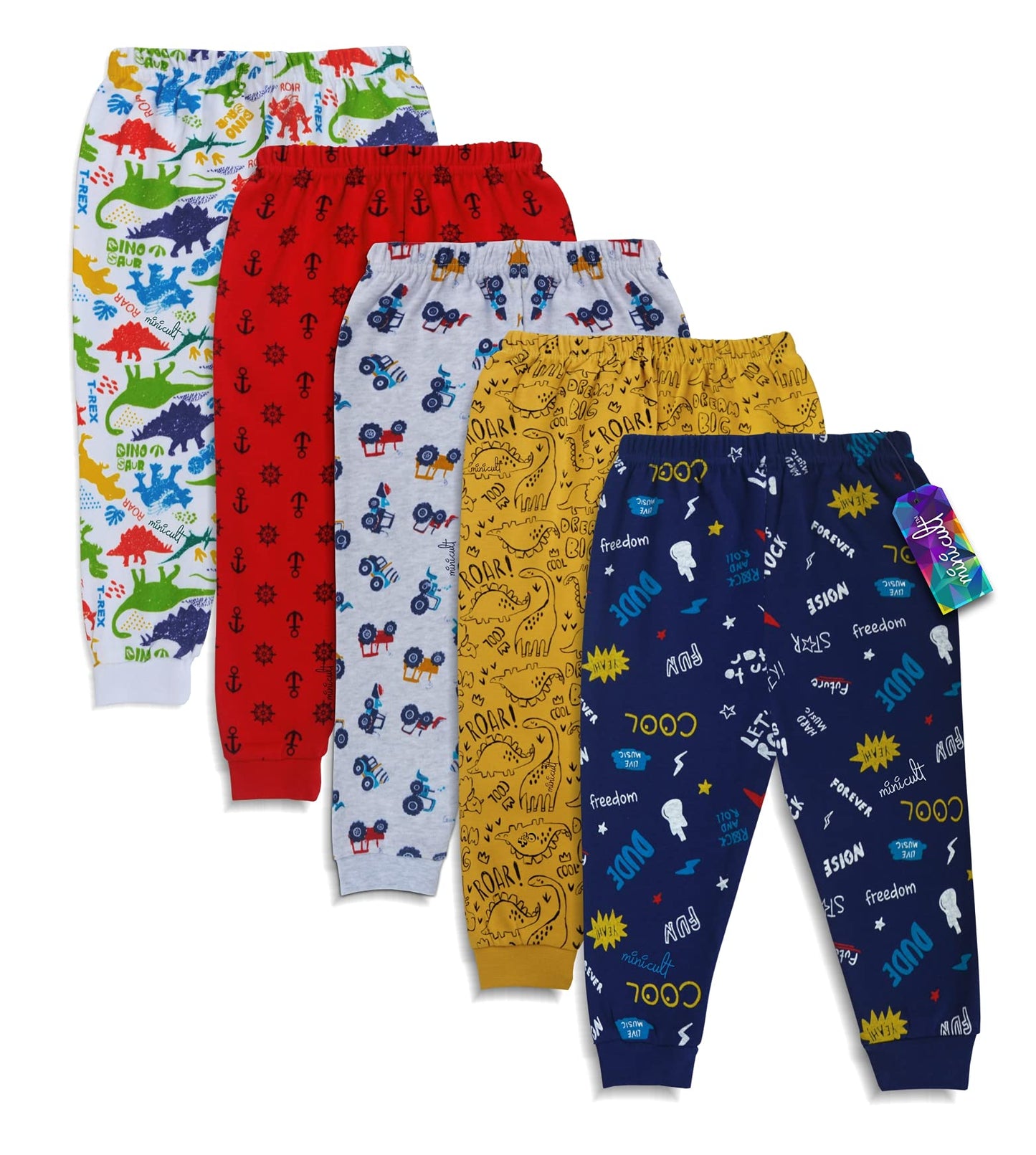 minicult Cotton Pajama Pants with All Over Print for Boys and Girls (Multicolor Designs)(Regular Fit)(Pack of 5)