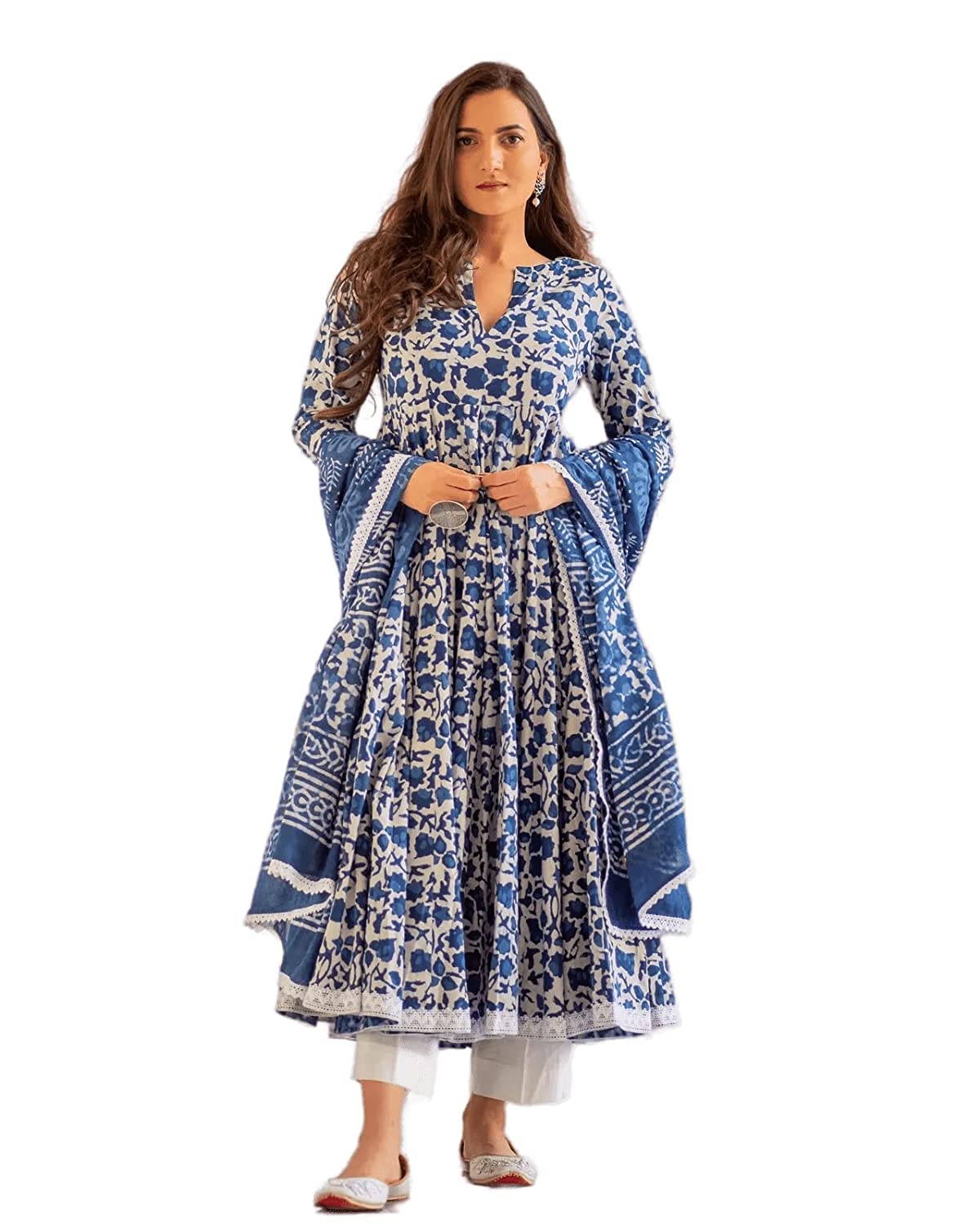 MEERA FAB Women's Cotton Printed Blue Anarkali Kurta With Palazzo & Dupatta Set, Large