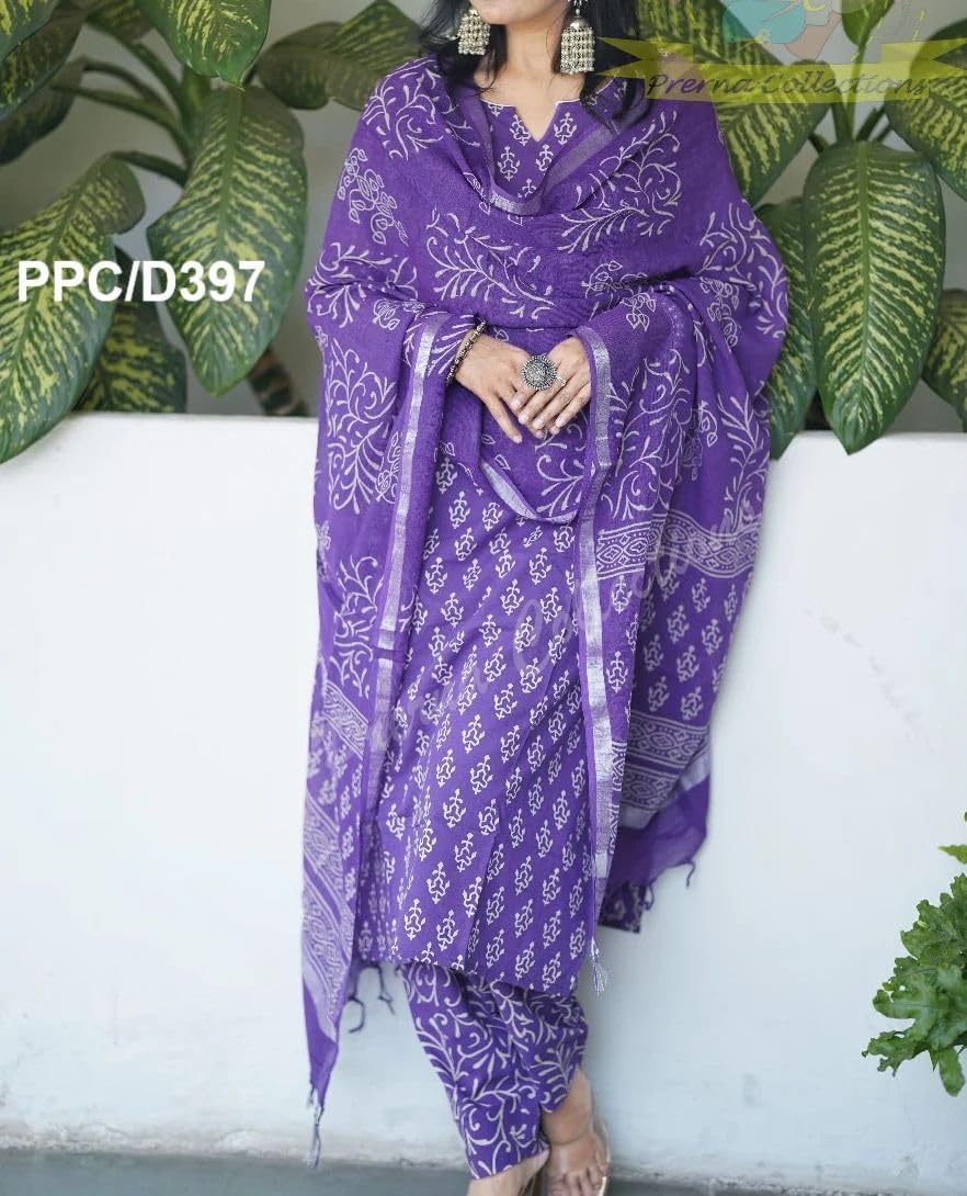 MEERA FAB Women's Cotton Printed Straight Kurta with Palazzo & Dupatta Set Purple