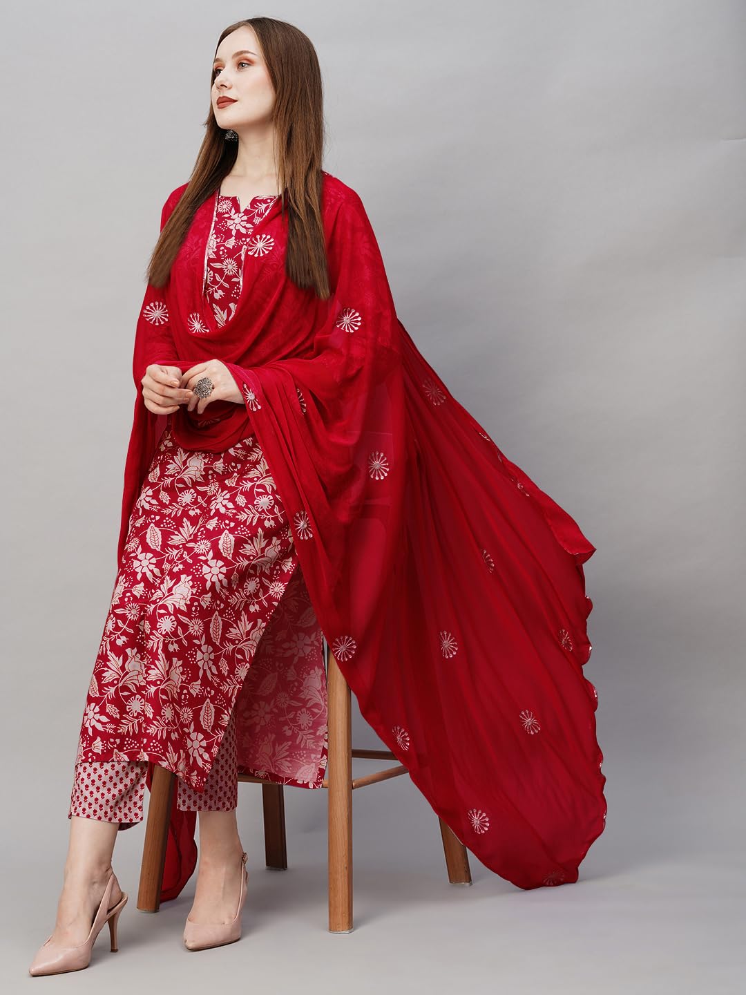 GoSriKi Women's Cotton Blend Straight Printed Kurta with Pant & Dupatta (MEI Red-GS_L_Red_Large)