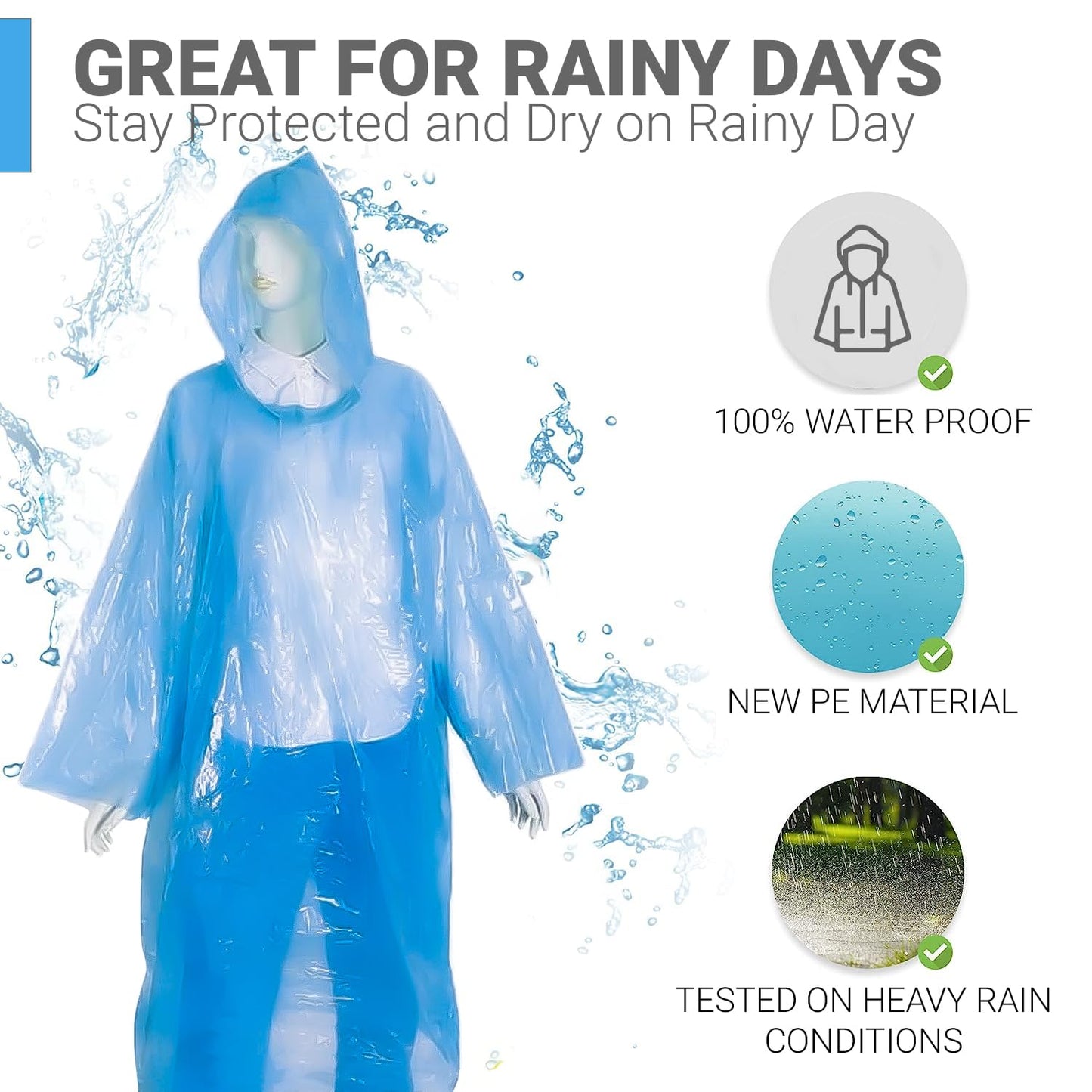 HACER Disposable Raincoat Poncho with Hood Water Resistant Rainwear Barsaati for Outdoor Travel Men Women (Blue, Pack of 1)