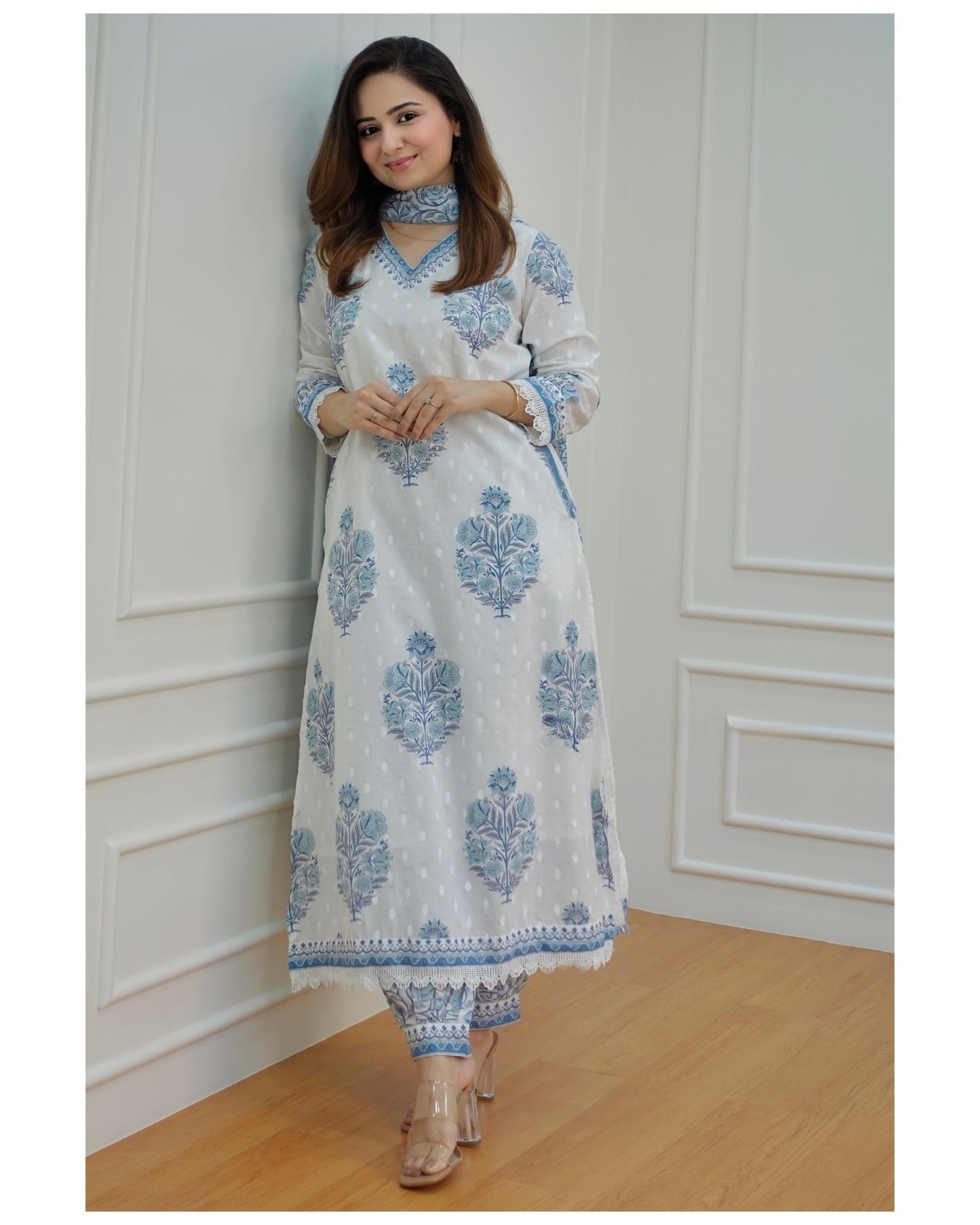 Arayna Women's Cotton Printed Floral Straight Kurta with Palazzo Pants and Printed Dupatta Set, Light Blue, Large