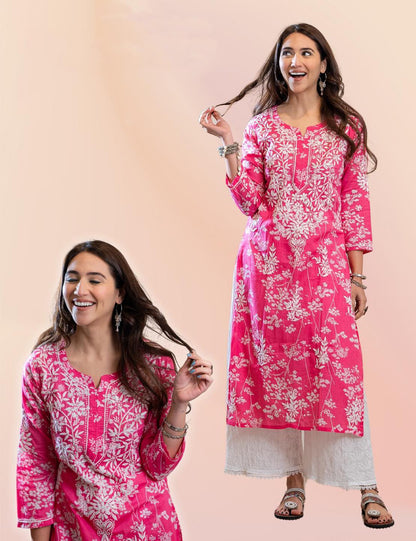 GoSriKi Women's Cotton Blend Chikankari Embroidered Straight Kurta (Zainab Pink-NW-GS_XXL_Pink_XX-Large)