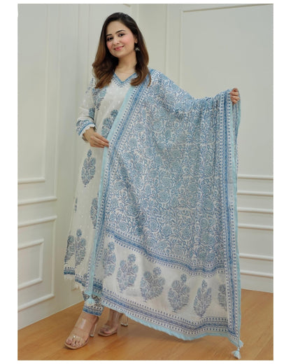 Arayna Women's Cotton Printed Floral Straight Kurta with Palazzo Pants and Printed Dupatta Set, Light Blue, Large