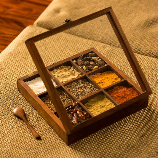 ExclusiveLane Sheesham Wood Spice Box with Spoon (50ml, Non-Removable Partitions)