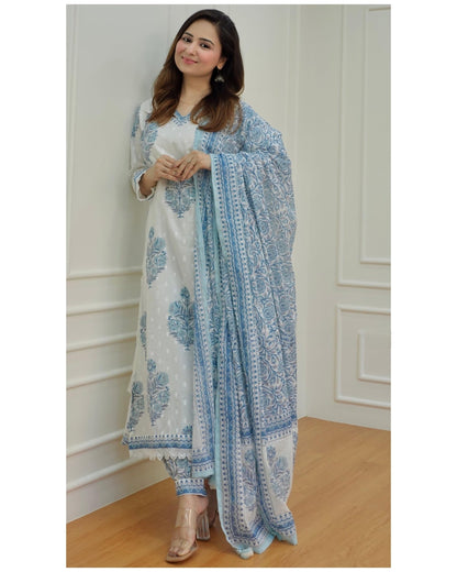 Arayna Women's Cotton Printed Floral Straight Kurta with Palazzo Pants and Printed Dupatta Set, Light Blue, Large