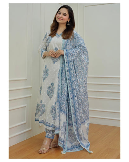 Arayna Women's Cotton Printed Floral Straight Kurta with Palazzo Pants and Printed Dupatta Set, Light Blue, Large